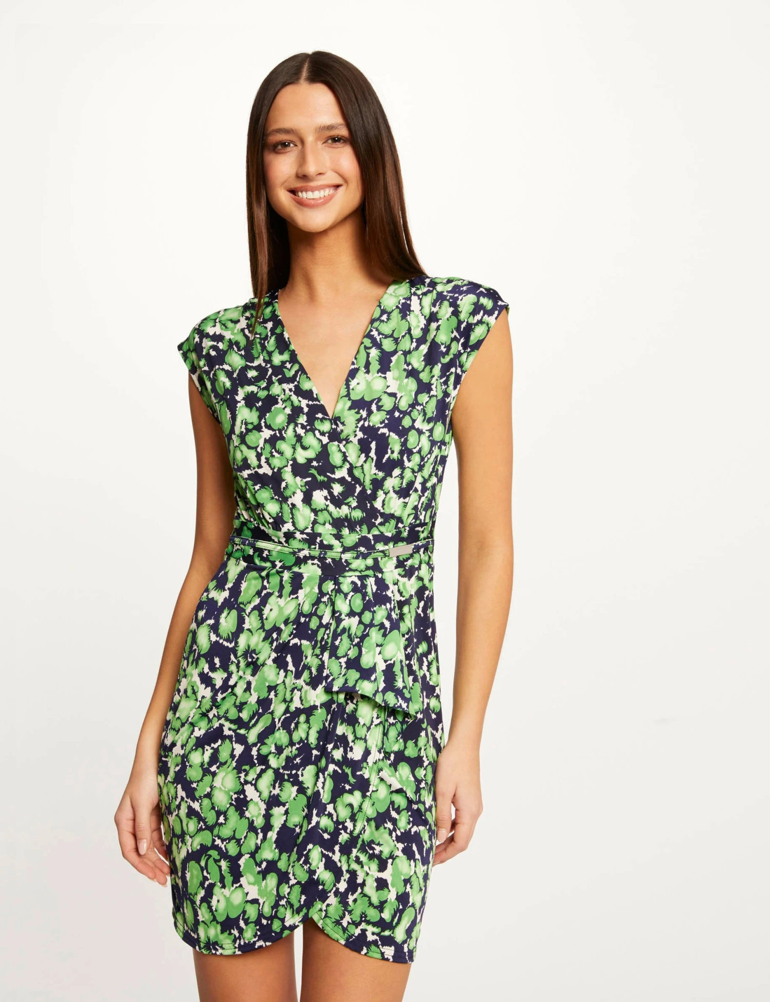 Robe Ajustée Drapée Imprimé Abstrait Vert Femme