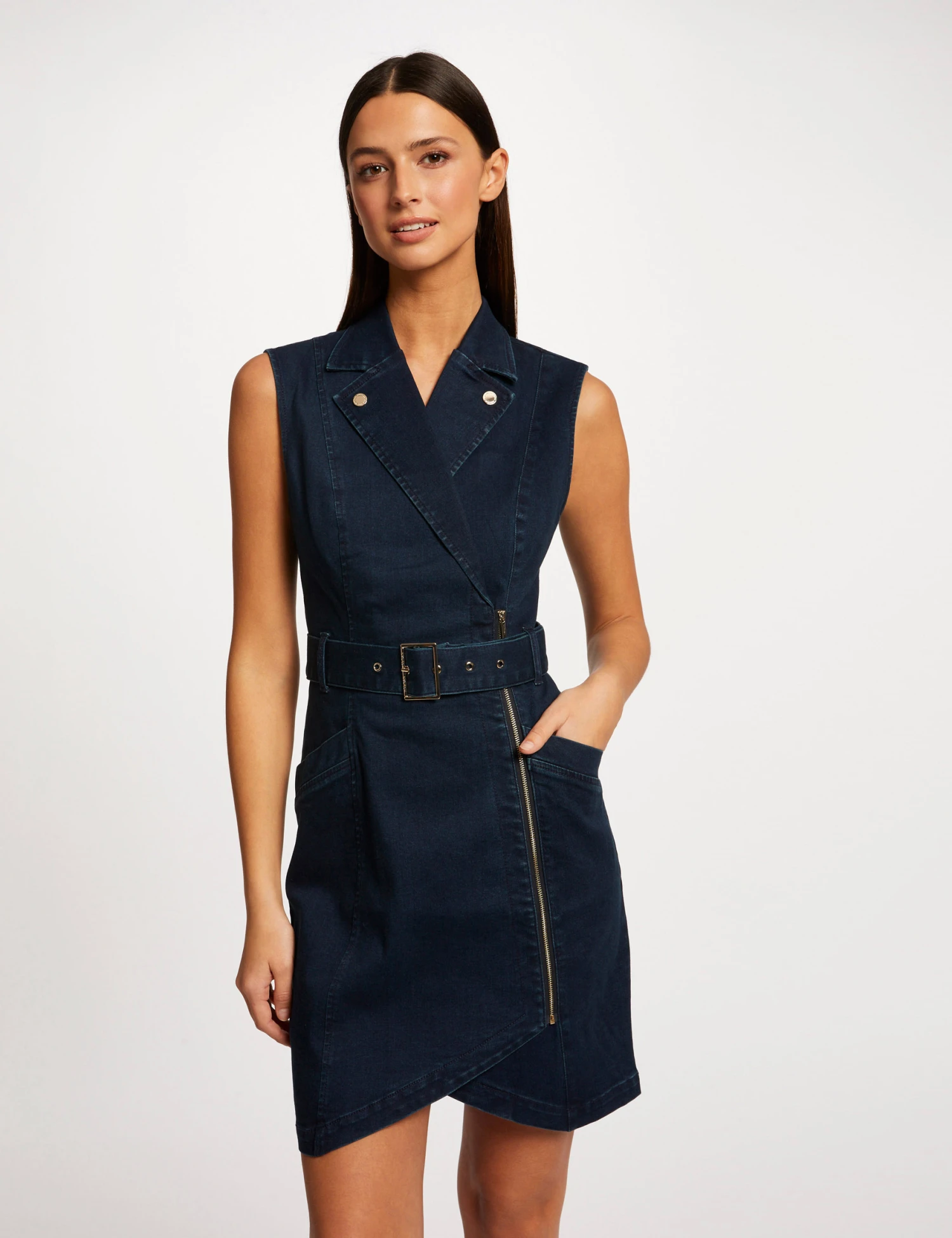 Robe Ajustée Drapée Sans Manches En Jean Jean Brut Femme