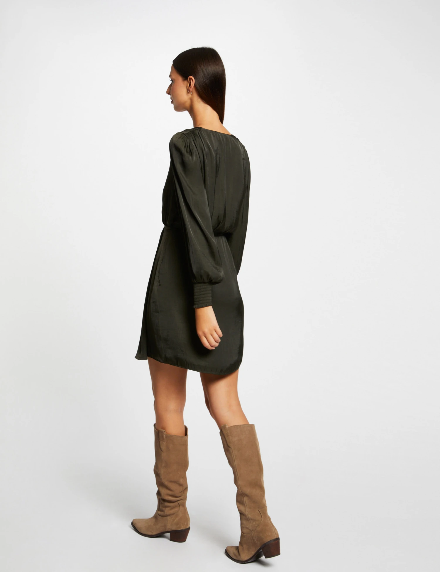 Robe Cintrée Drapée Satin Vert Fonce Femme – Image 2