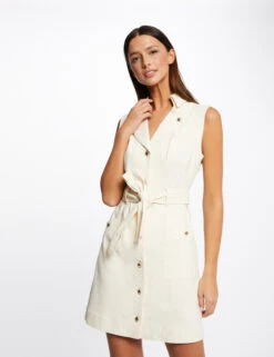 Robe Droite Boutonnée Ceinturée Ecru Moyen Femme