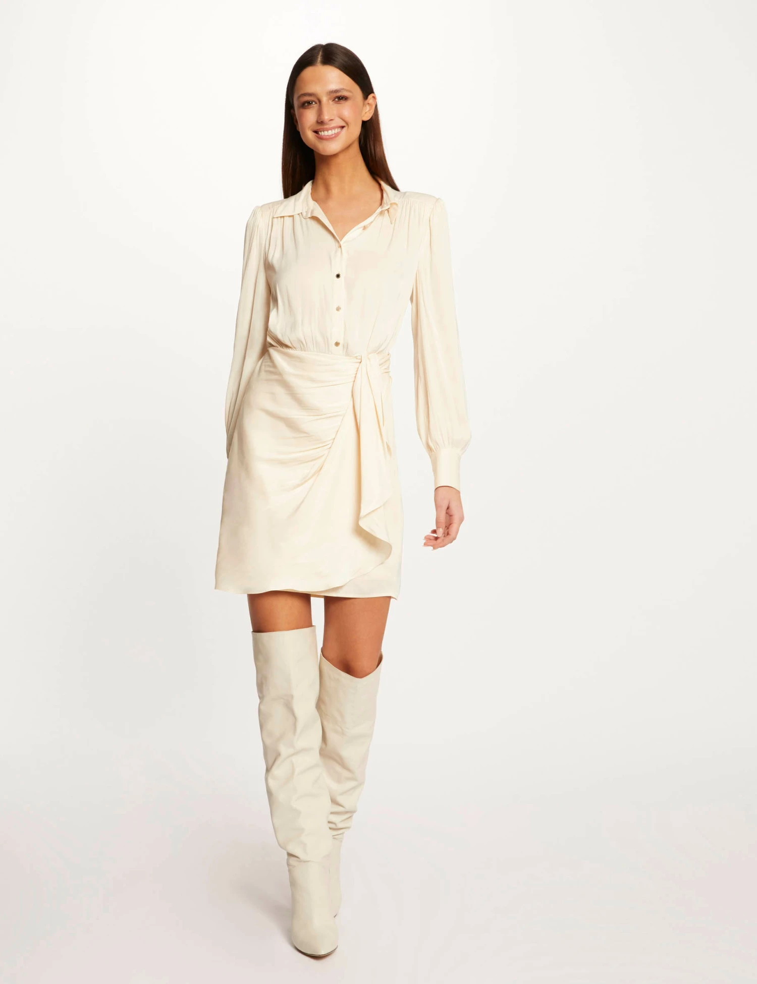 Robe Droite Drapée Satinée Ecru Moyen Femme