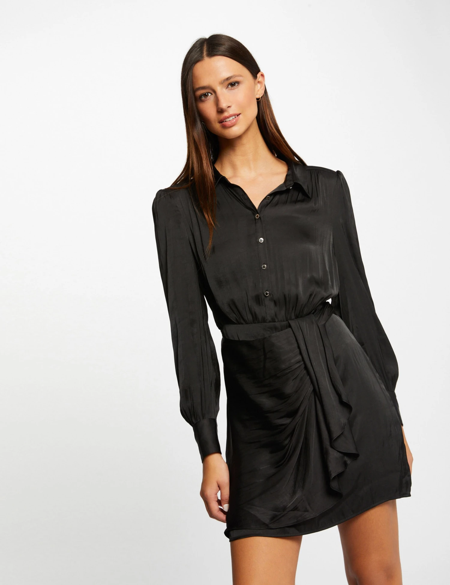 Robe Droite Drapée Satinée Noir Femme