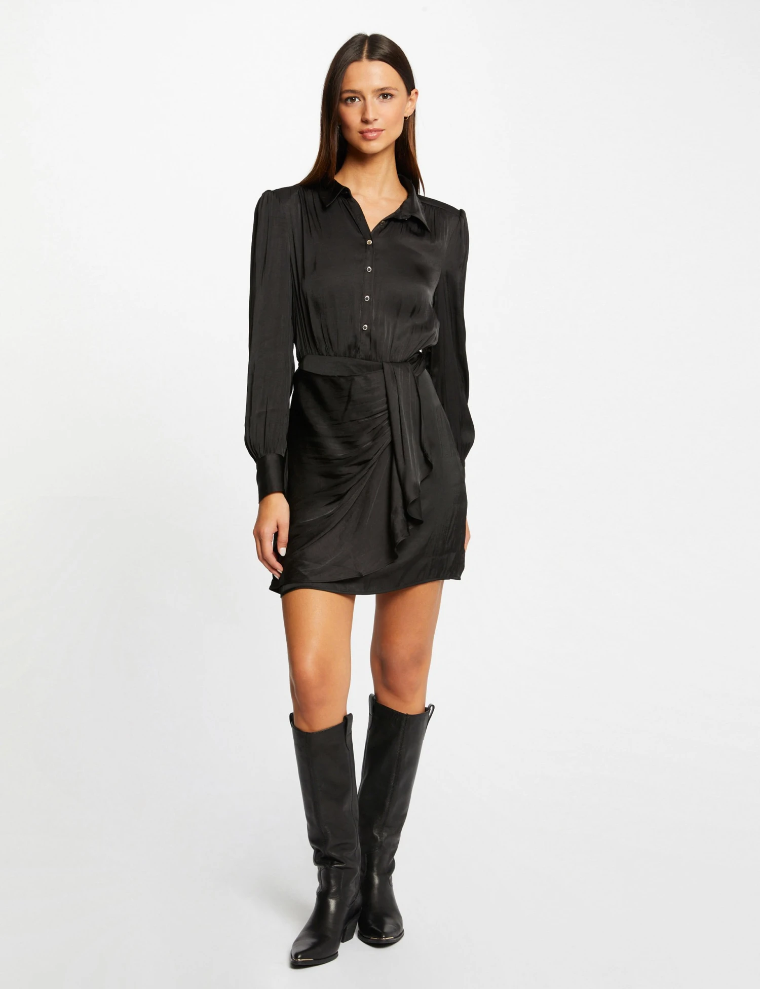 Robe Droite Drapée Satinée Noir Femme – Image 3