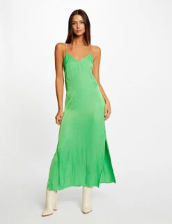 Robe Longue évasée Fendue Satin Vert Clair Femme