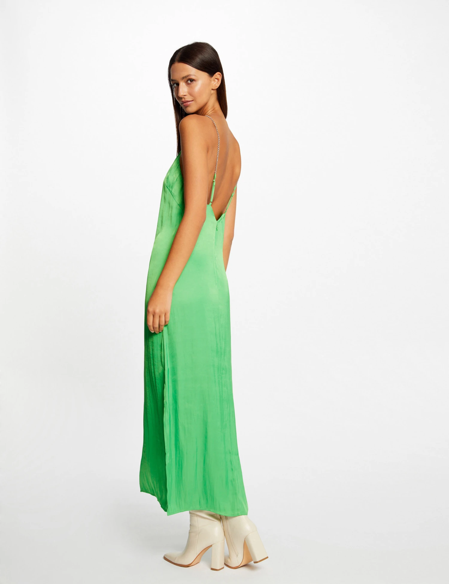 Robe Longue évasée Fendue Satin Vert Clair Femme – Image 2