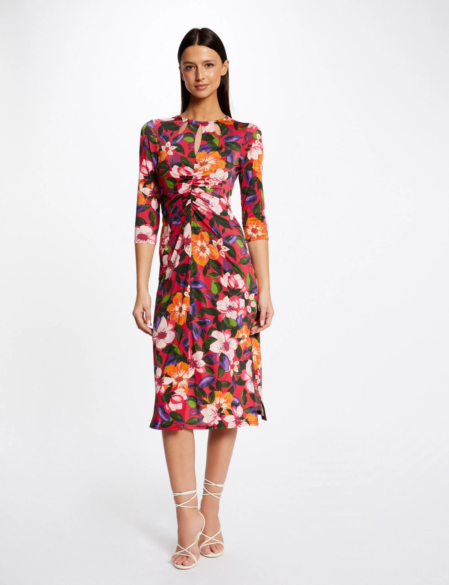Robe Midi Ajustée Froncée Imprimé Floral Multico Femme – Image 3