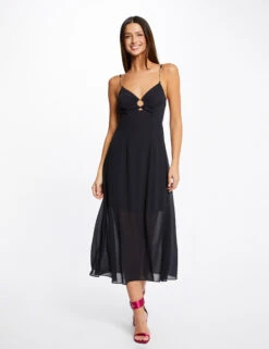 Robe Midi évasée Bretelles Chaînes Marine Femme