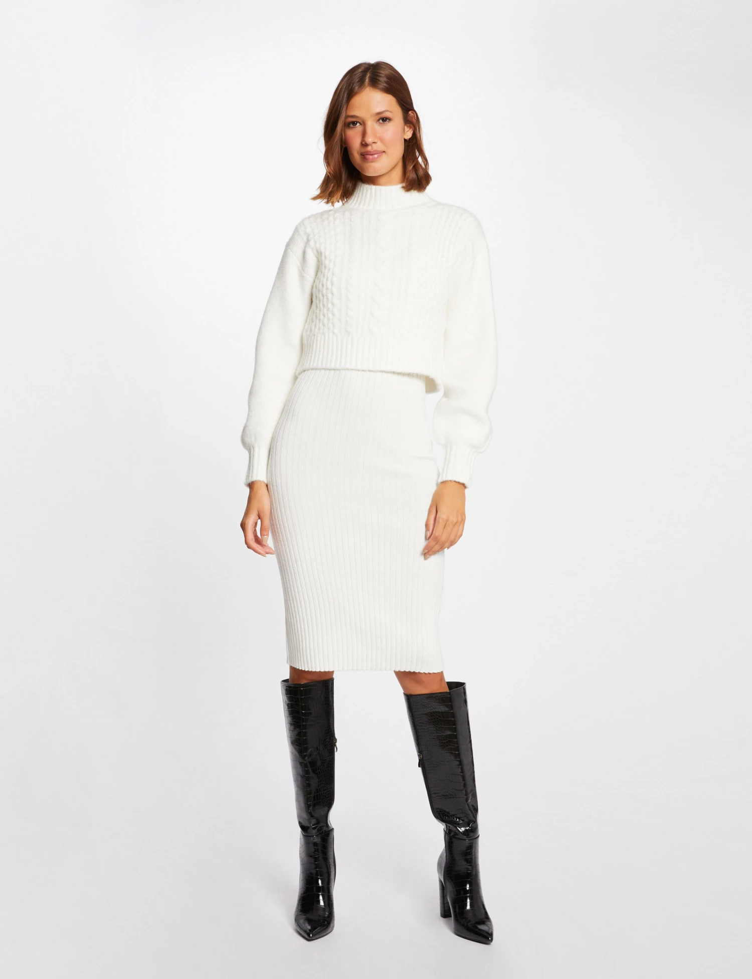 Robe Pull Ajustée Effet 2-en-1 Ecru Femme