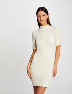 Robe Pull Ajustée Manches Courtes Ivoire Femme