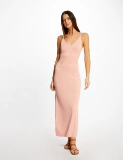 Robe Pull Longue Ajustée à Bretelles Rose Moyen Femme