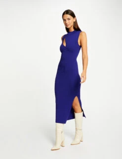 Robe Pull Longue Ajustée Avec Fente Bleu Moyen Femme