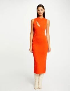 Robe Pull Longue Ajustée Avec Fente Orange Femme