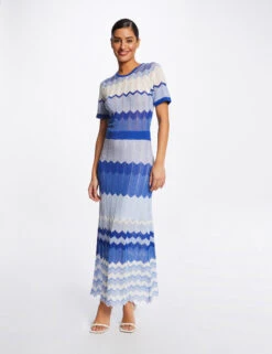 Robe Pull Longue Droite Imprimé Chevron Bleu Moyen Femme