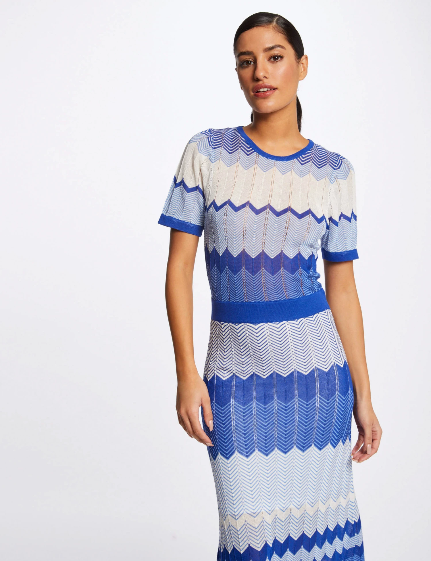 Robe Pull Longue Droite Imprimé Chevron Bleu Moyen Femme – Image 3
