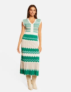 Robe Pull Longue Droite Imprimé Chevron Vert Femme