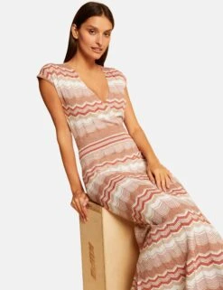 Robe Pull Longue Droite Imprimé Chevron Vieux Rose Femme