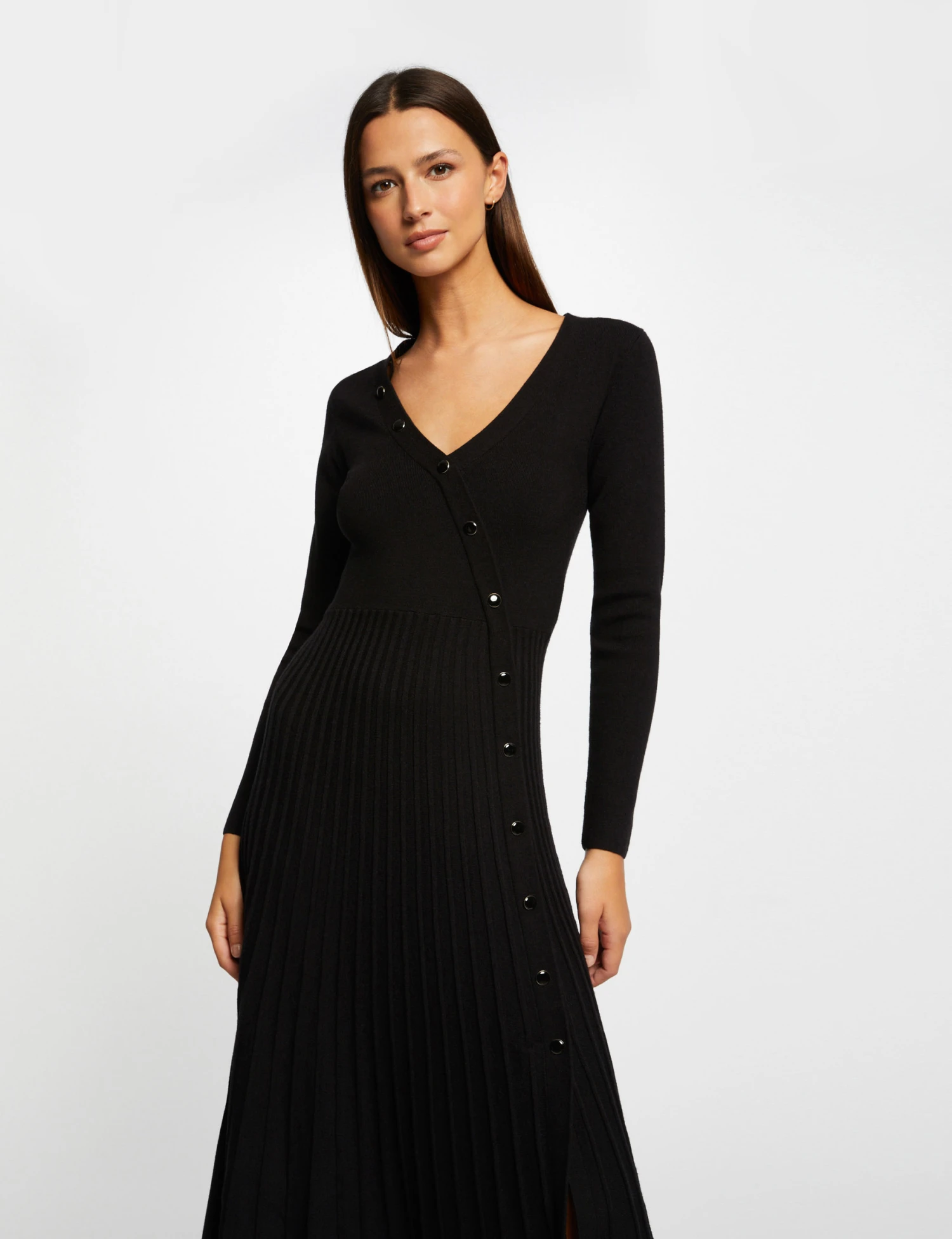 Robe Pull Midi Patineuse Bas Plissé Noir Femme