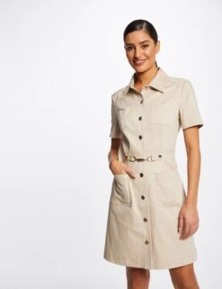 Robe Trapèze Boutonnée Avec Boucle Beige Femme