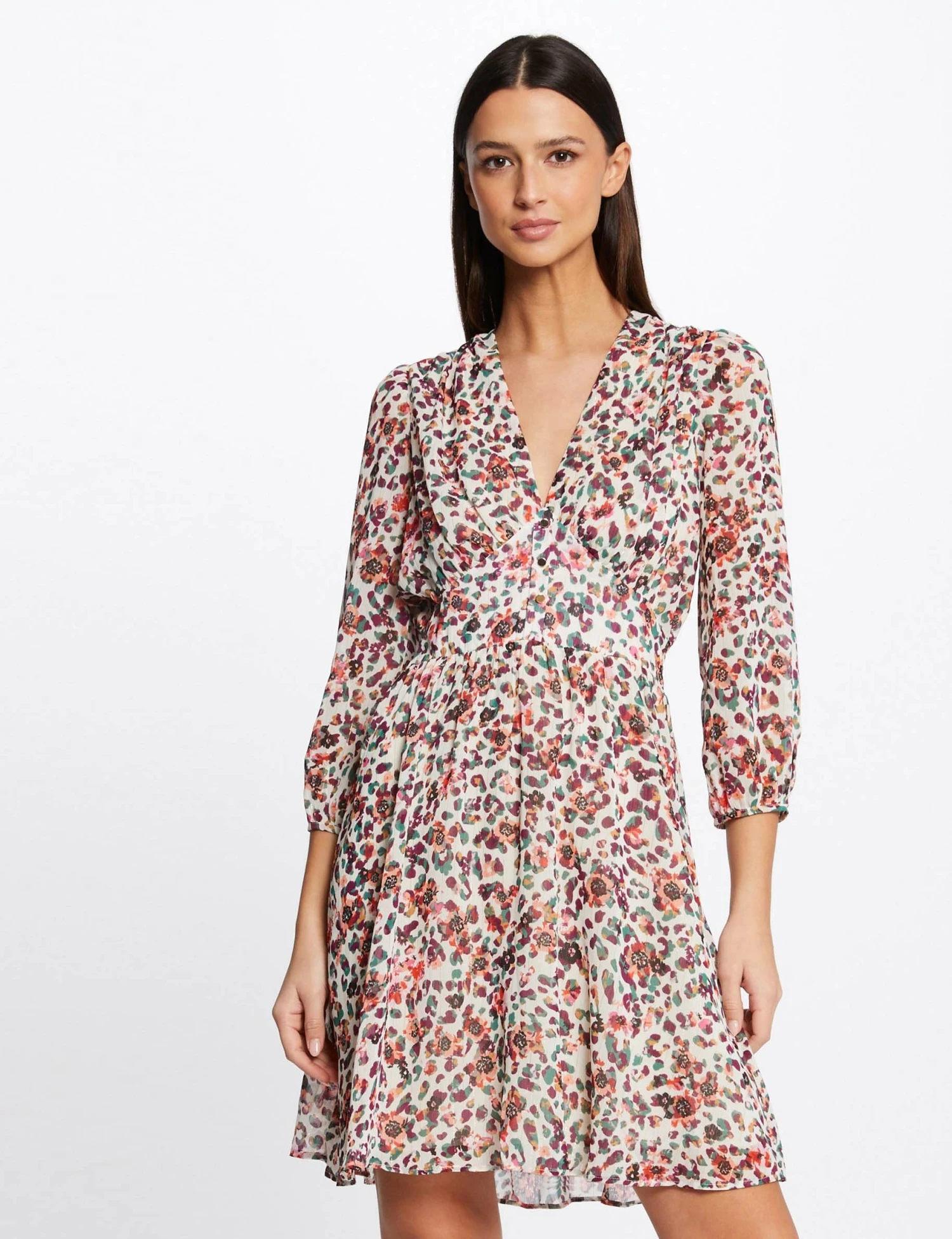 Robe Trapèze Fluide Imprimé Floral Ecru Femme