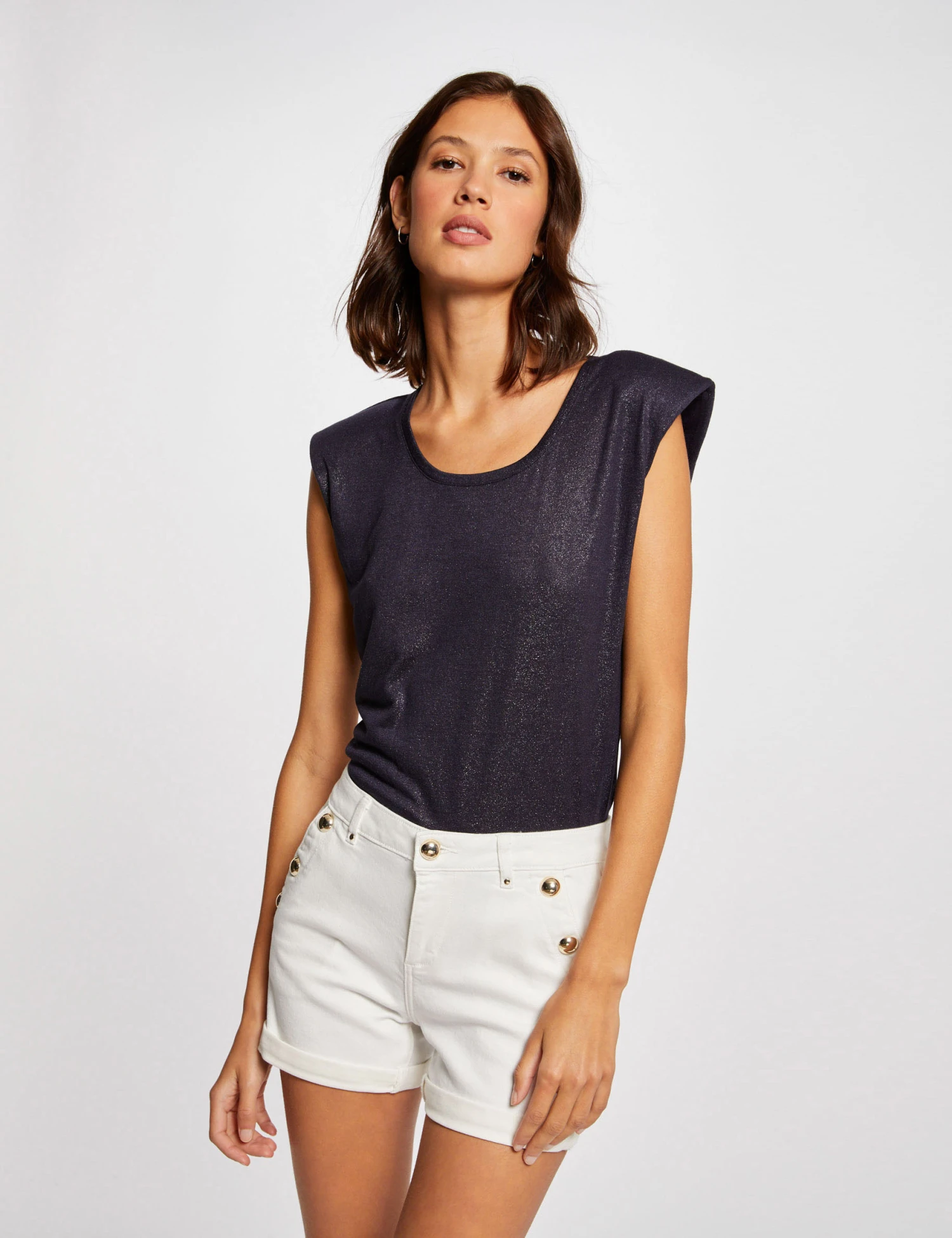 Short Ajusté à Pont En Jean Ecru Femme – Image 3