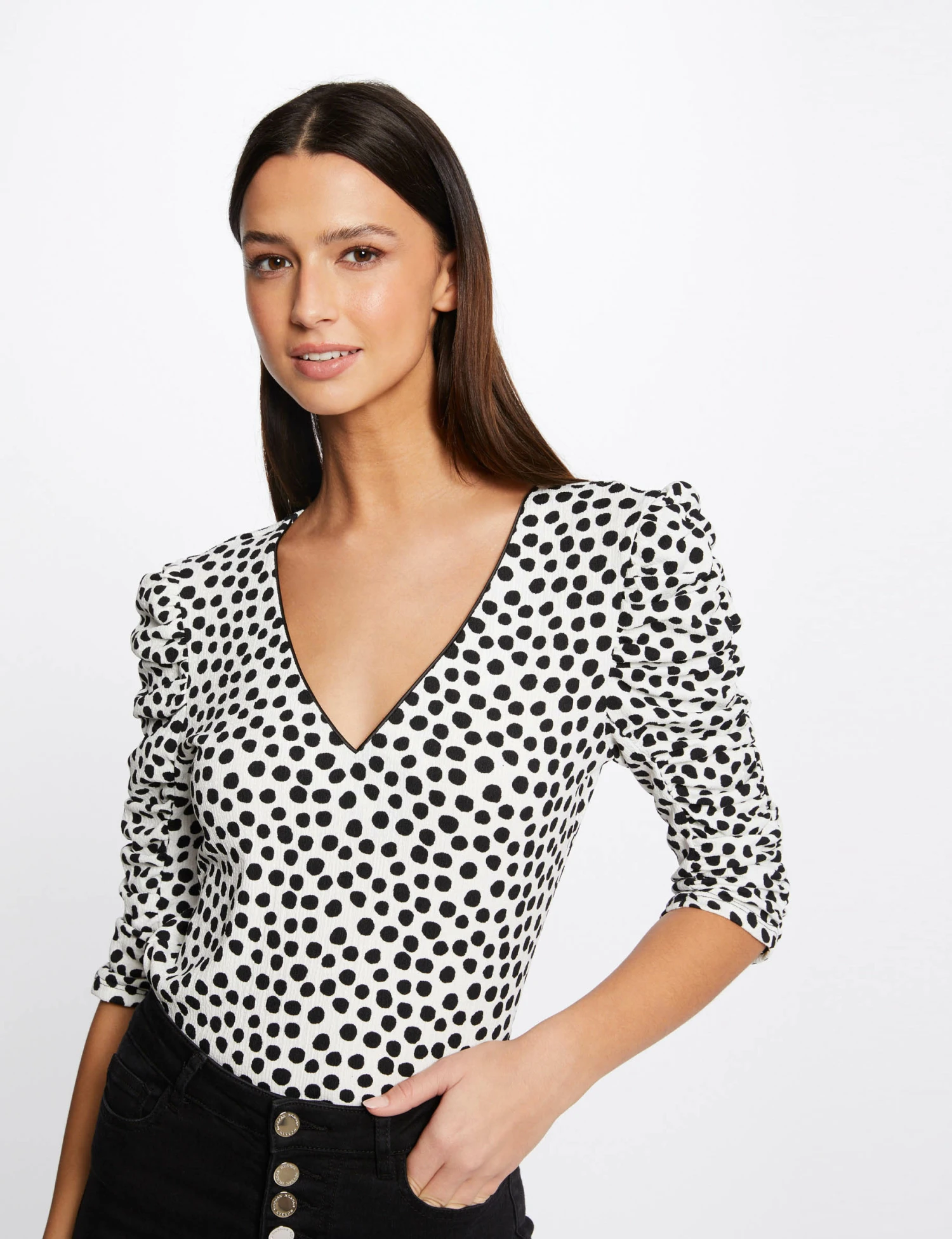 T-shirt Manches 3/4 Imprimé à Pois Ecru Femme