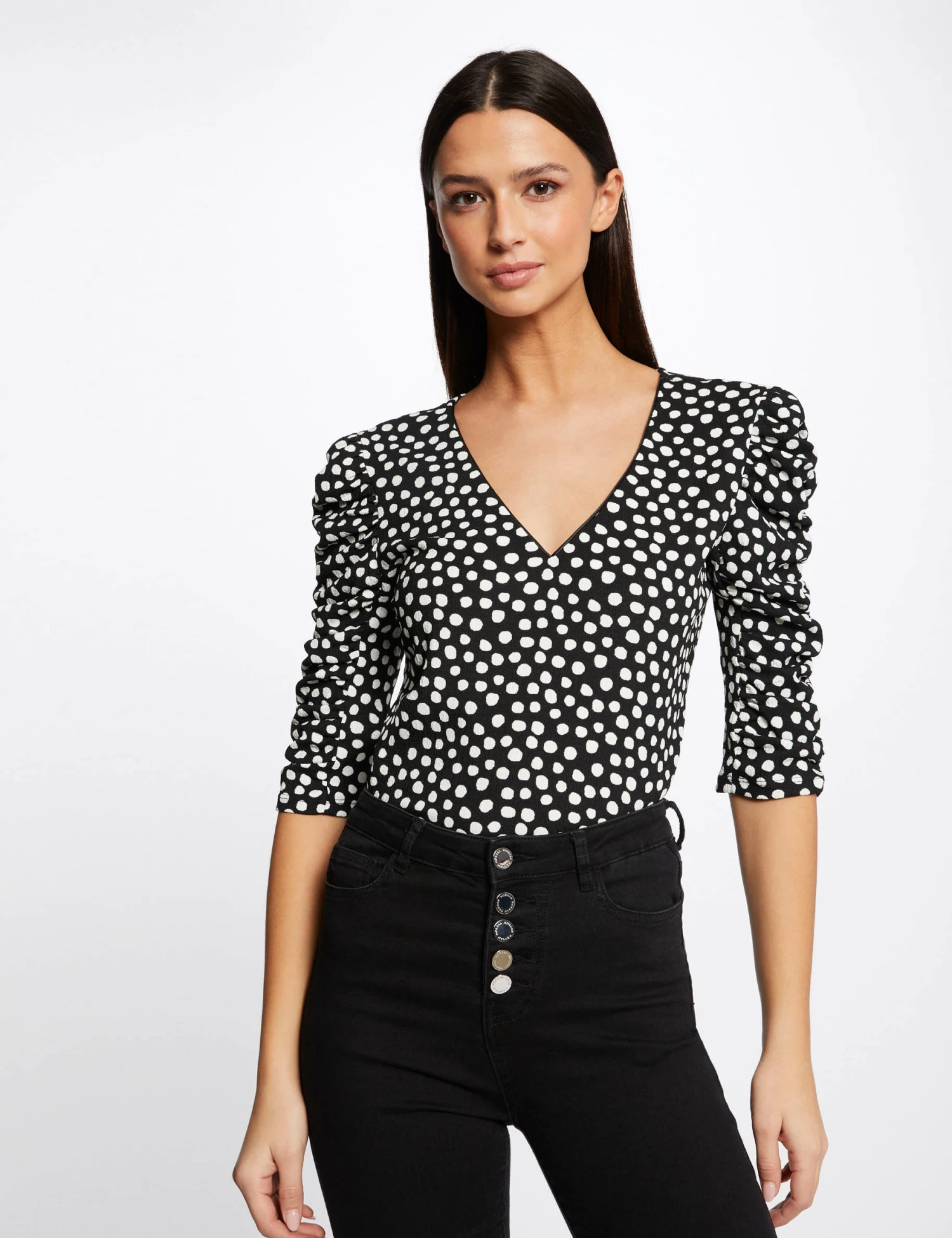 T-shirt Manches 3/4 Imprimé à Pois Noir Femme