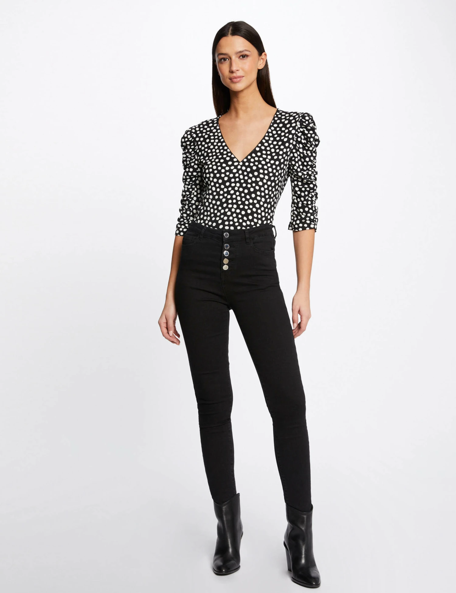 T-shirt Manches 3/4 Imprimé à Pois Noir Femme – Image 3