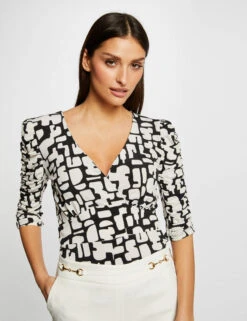 T-shirt Manches 3/4 Imprimé Géométrique Ecru Femme