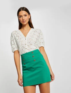 T-shirt Manches Courtes à Broderie Ecru Femme