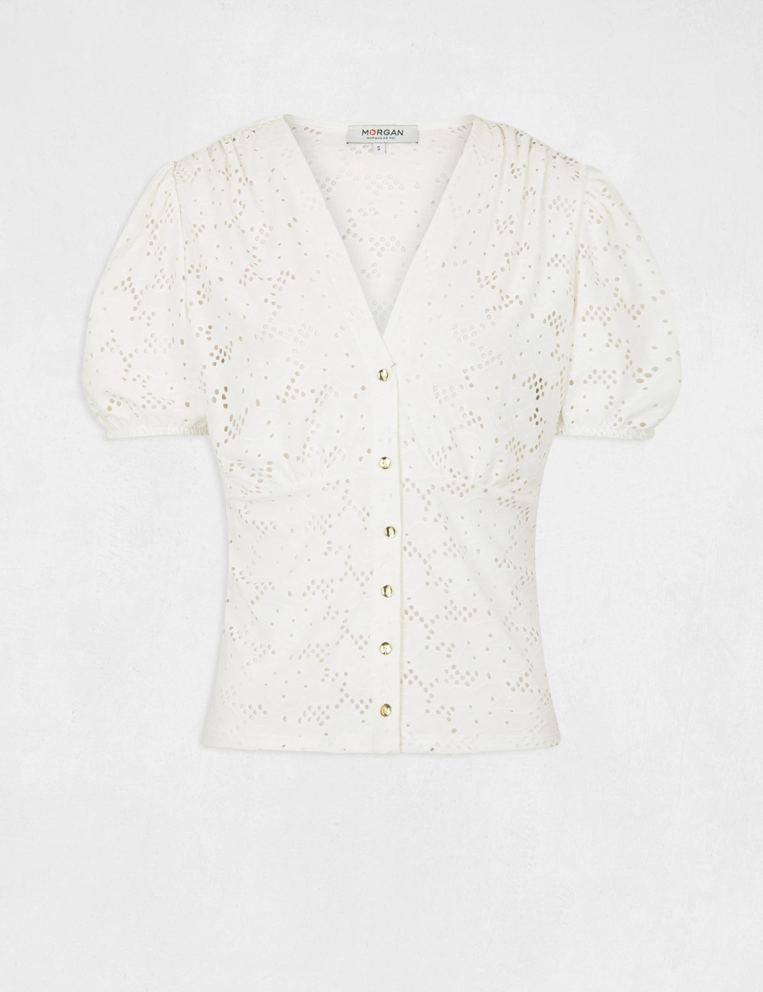 T-shirt Manches Courtes à Broderie Ecru Femme – Image 4