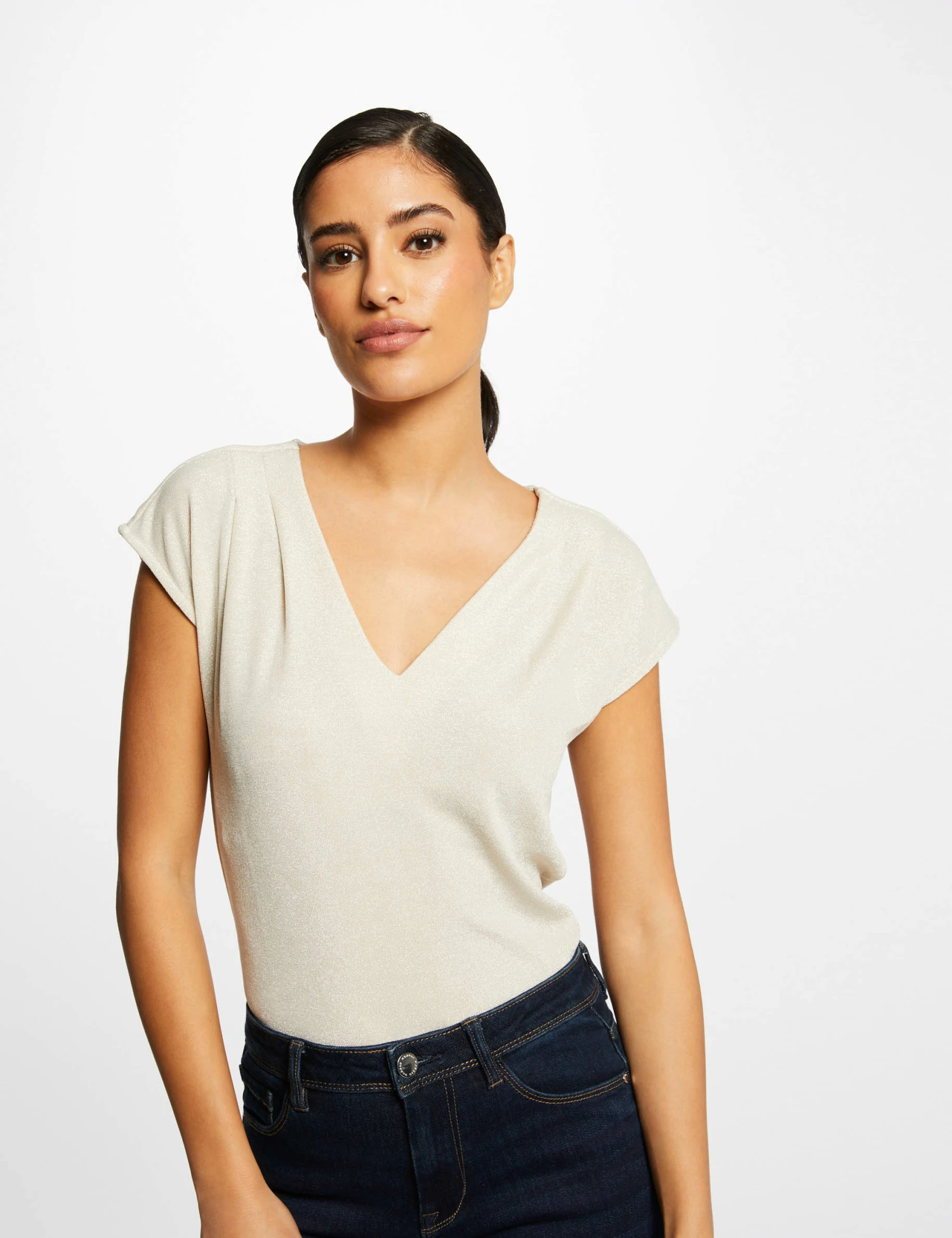 T-shirt Manches Courtes Ă Col En V Ivoire Femme