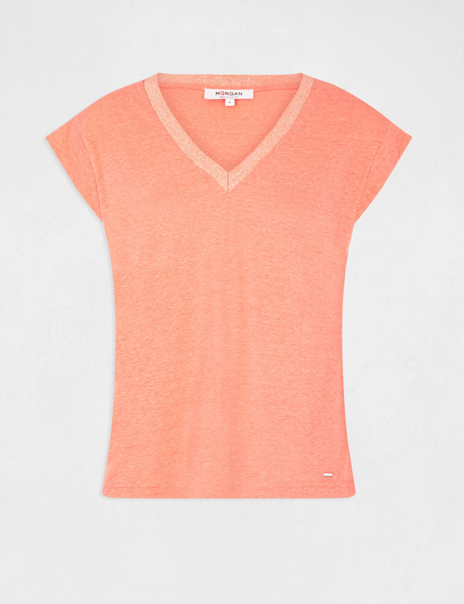 T-shirt Manches Courtes à Col En V Orange Femme – Image 4