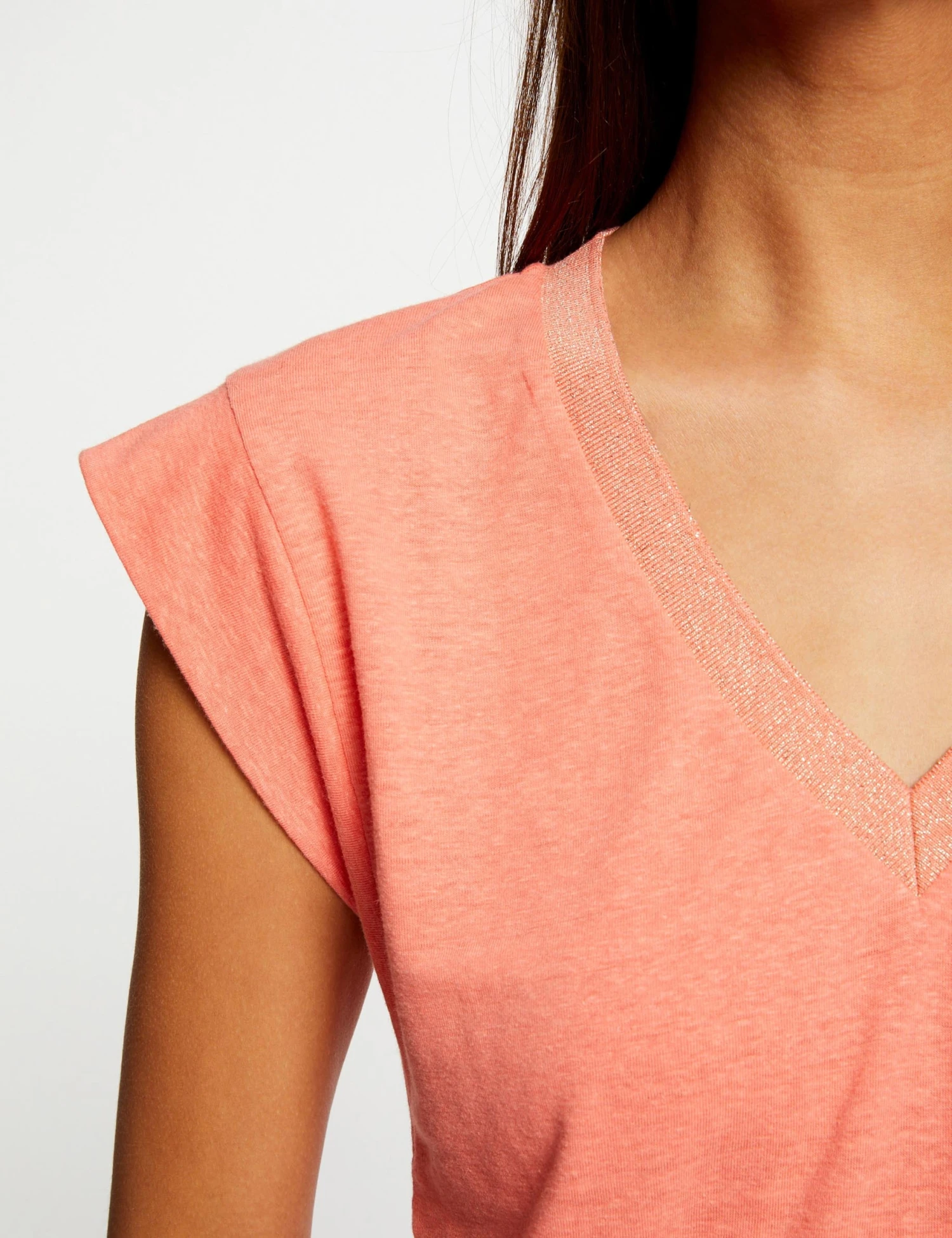 T-shirt Manches Courtes à Col En V Orange Femme – Image 5