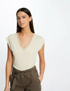 T-shirt Manches Courtes Ă Col En V Sable Femme