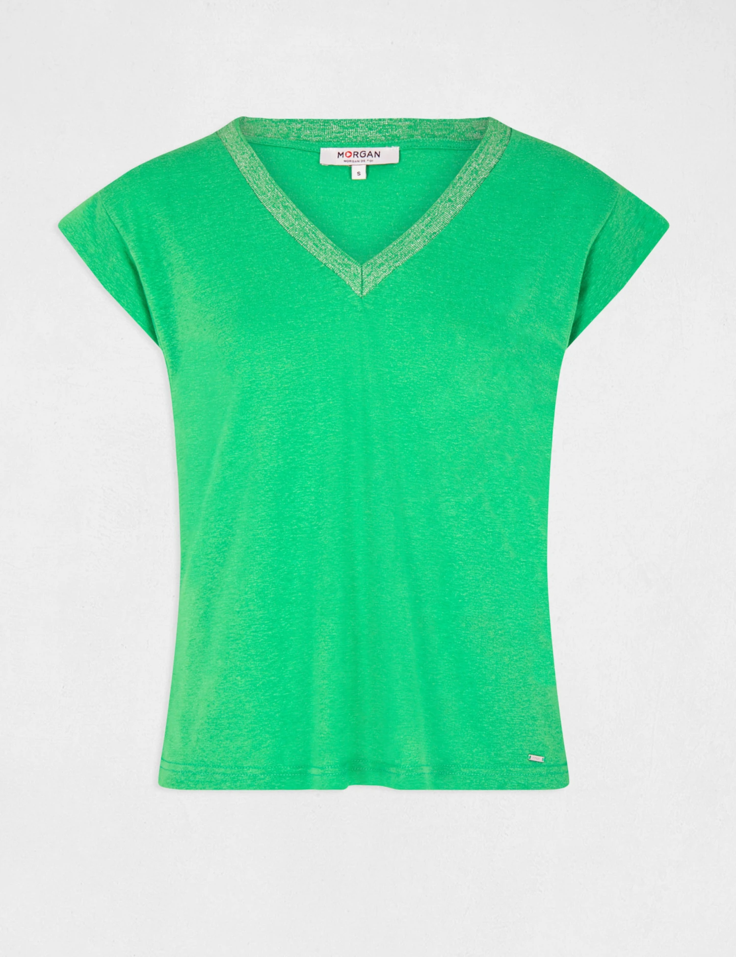 T-shirt Manches Courtes à Col En V Vert Femme – Image 4