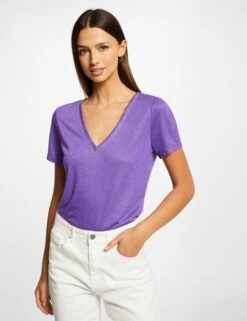 T-shirt Manches Courtes Ă Col En V Violet Femme