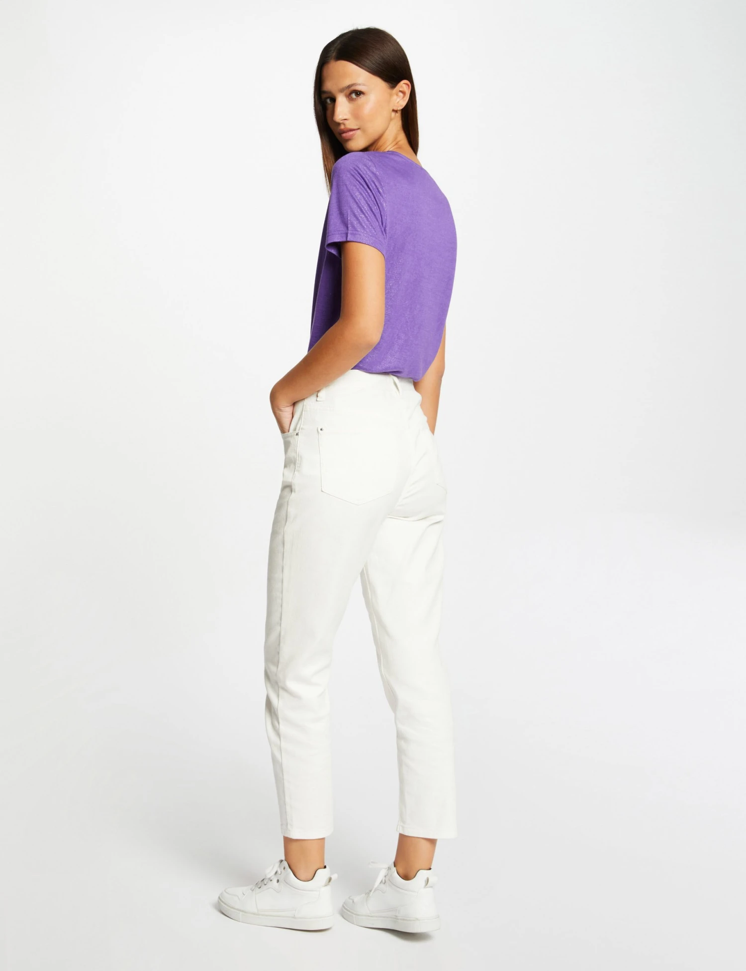 T-shirt Manches Courtes à Col En V Violet Femme – Image 2