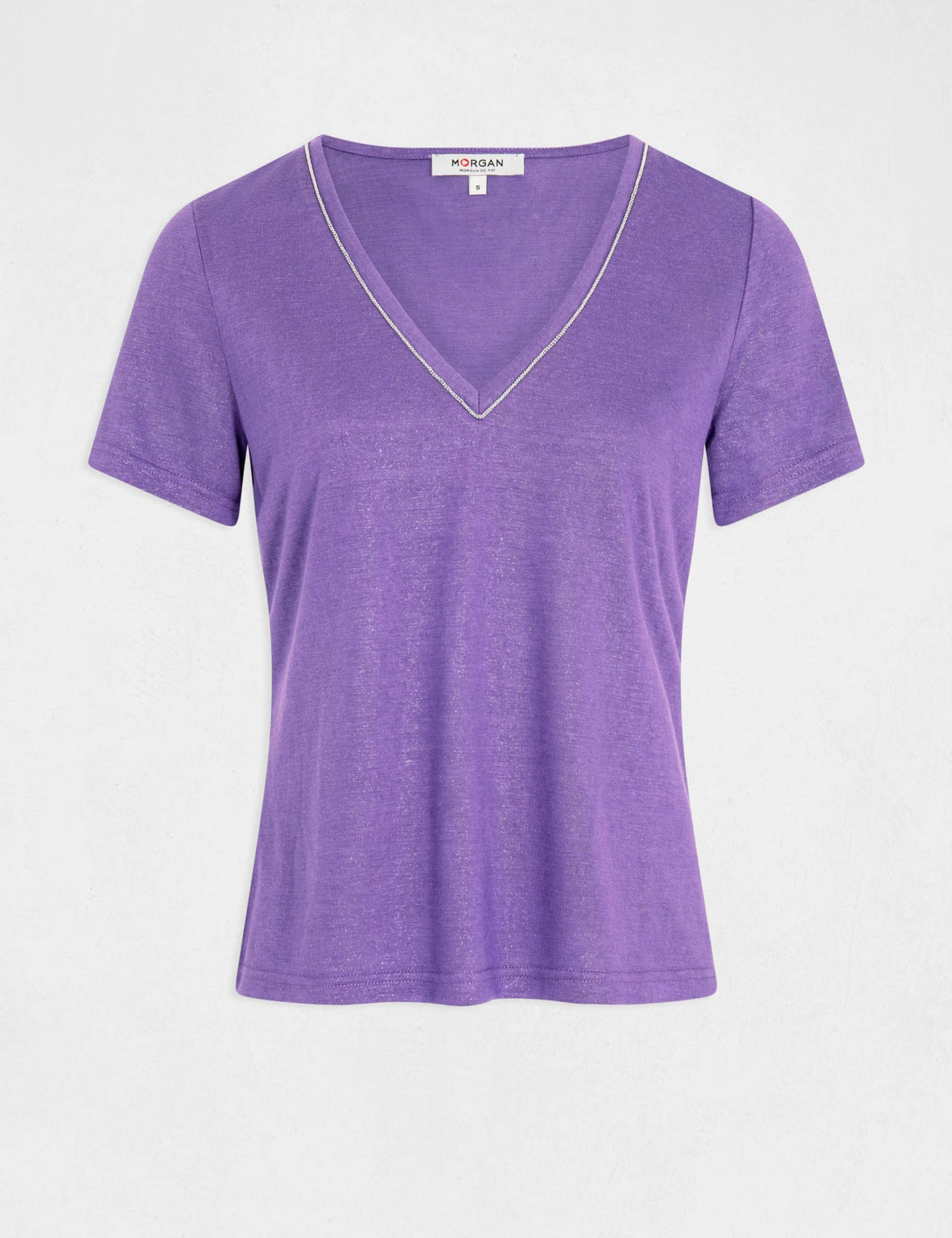 T-shirt Manches Courtes à Col En V Violet Femme – Image 4
