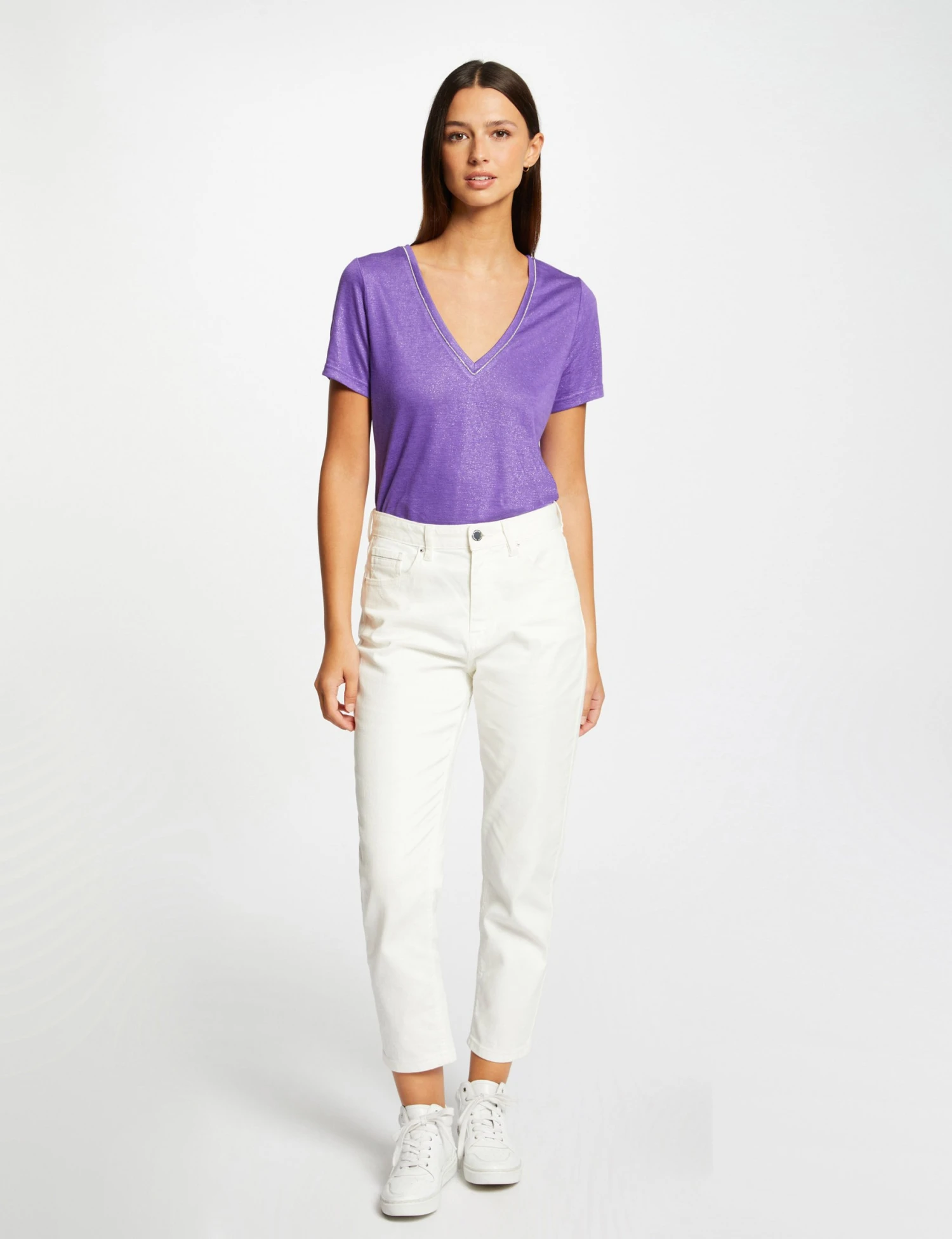 T-shirt Manches Courtes à Col En V Violet Femme – Image 3