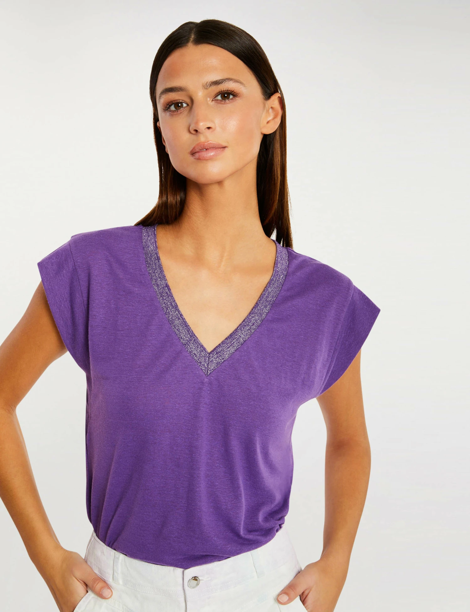 T-shirt Manches Courtes Ă Col En V Violet Fonce Femme