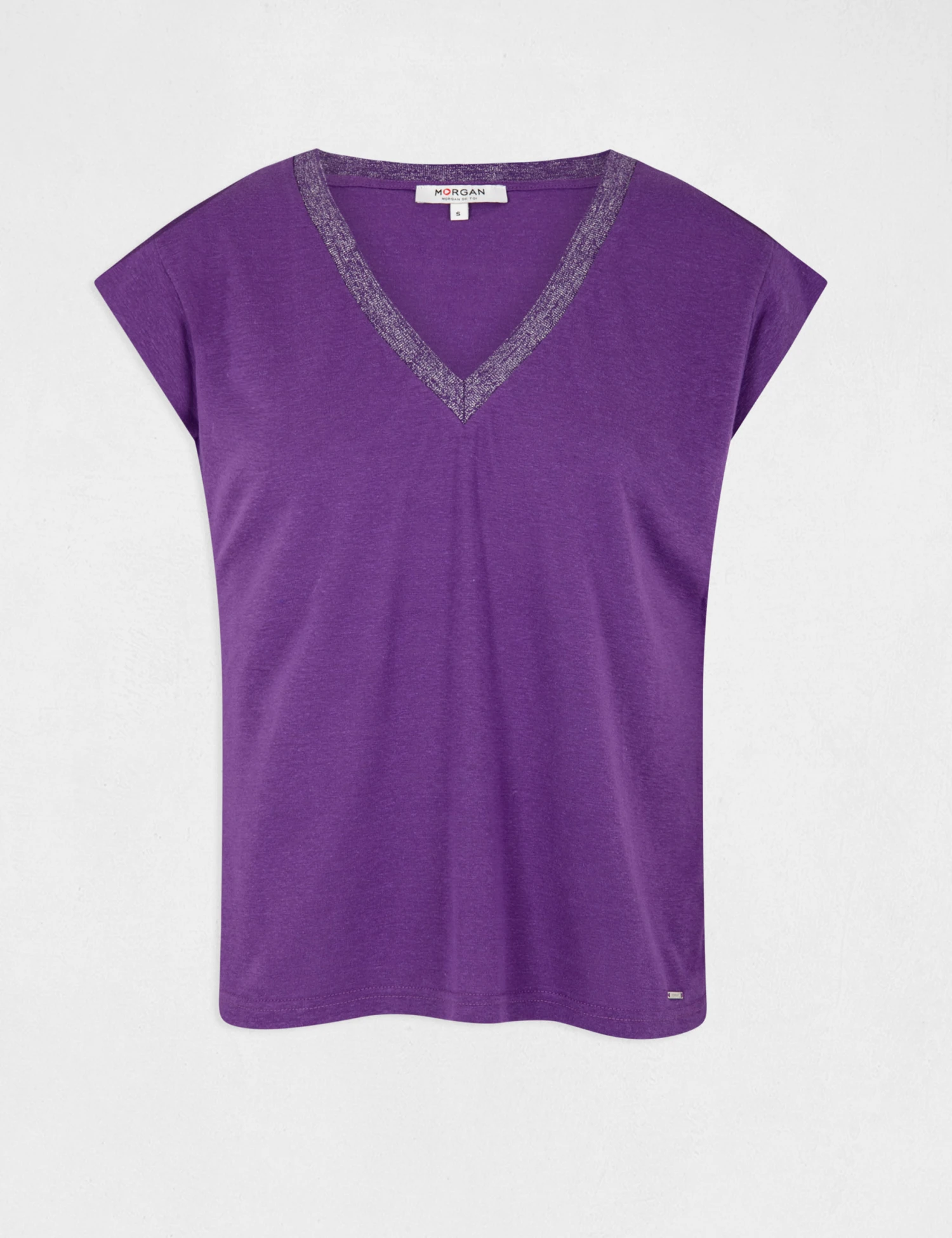 T-shirt Manches Courtes à Col En V Violet Fonce Femme – Image 4