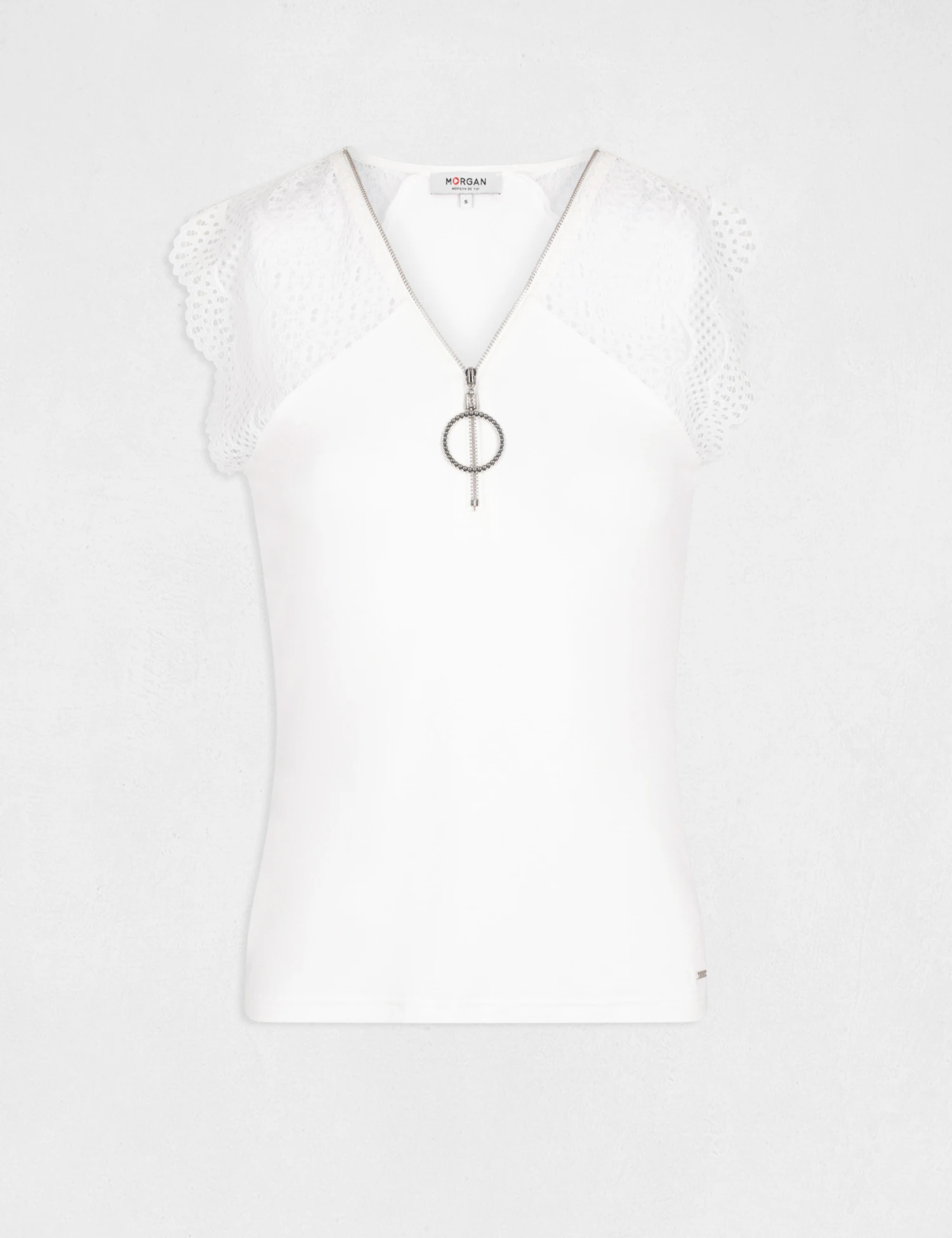 T-shirt Manches Courtes à Dentelle Ecru Femme – Image 4