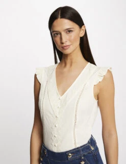 T-shirt Manches Courtes Ă Dentelle Ecru Moyen Femme