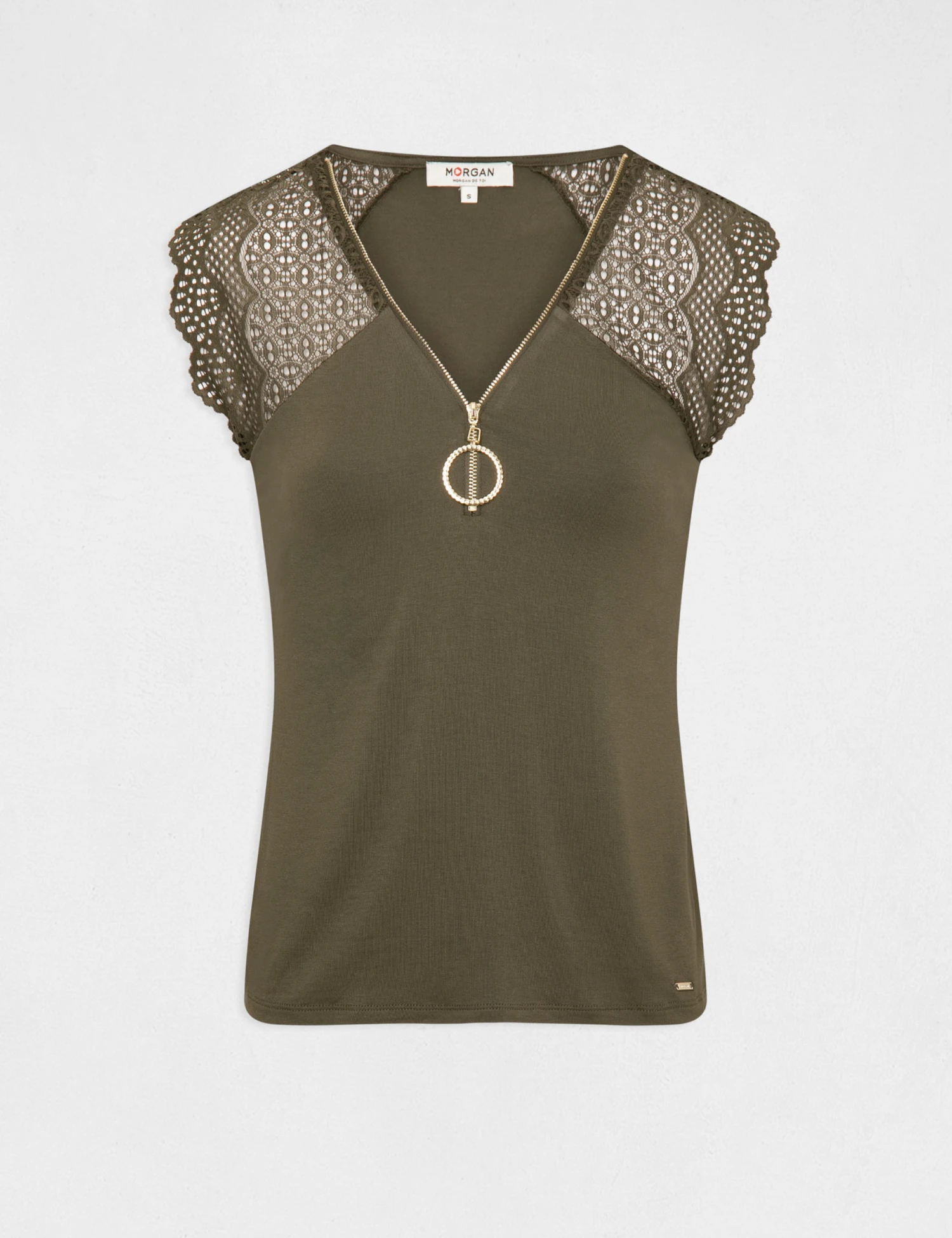 T-shirt Manches Courtes à Dentelle Vert Kaki Femme – Image 4