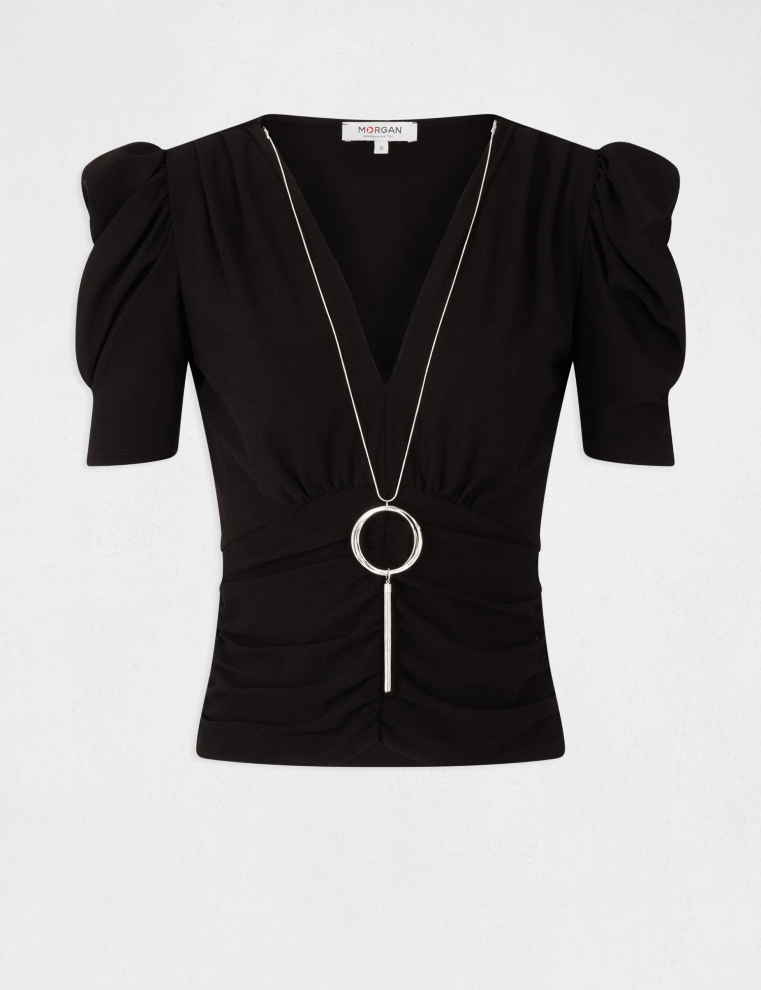 T-shirt Manches Courtes à Détail Bijou Noir Femme – Image 4