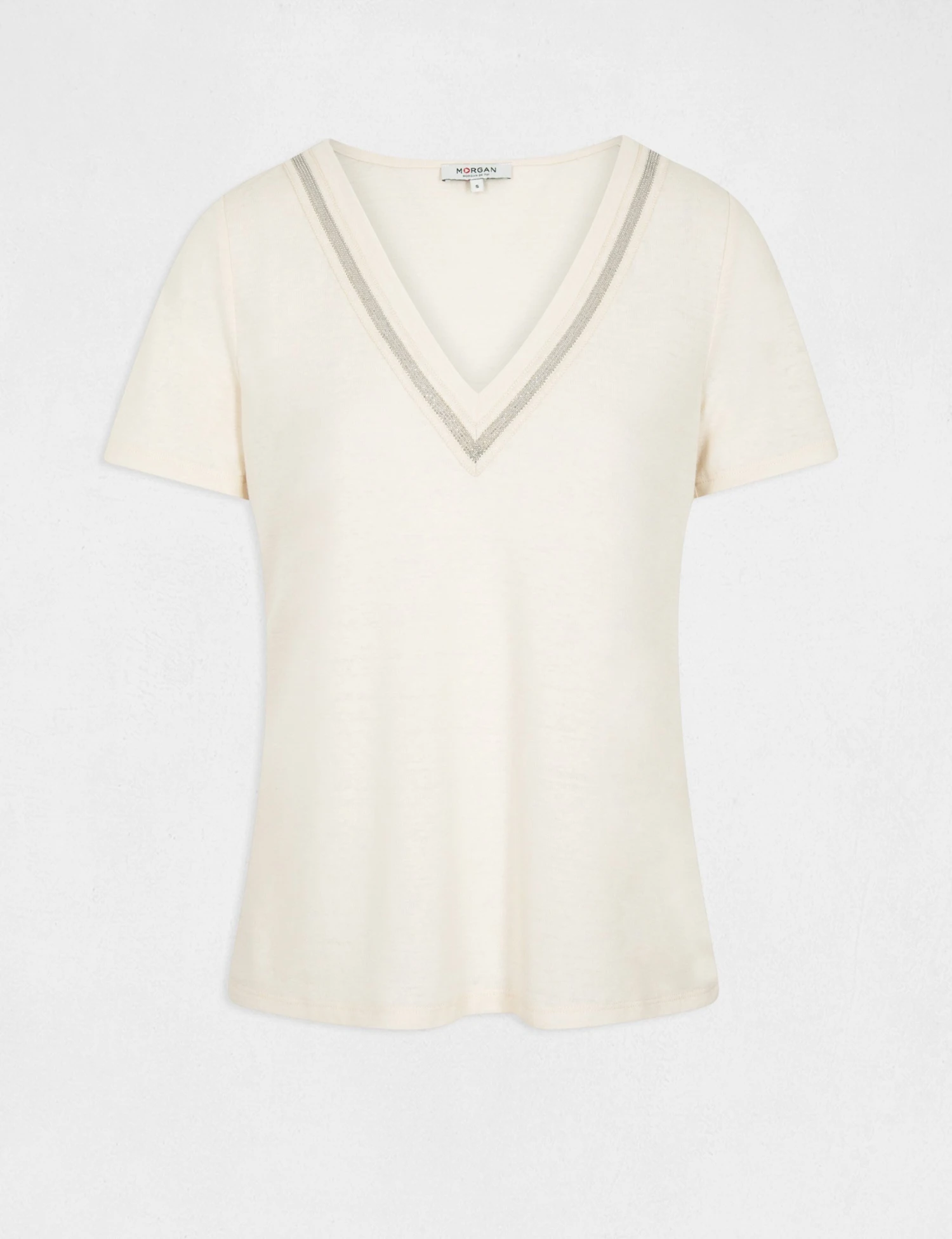 T-shirt Manches Courtes à Détails Bijoux Ivoire Femme – Image 4