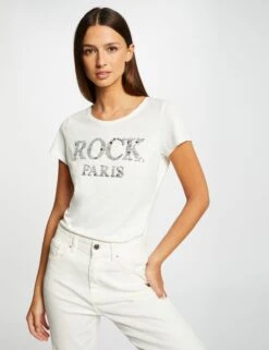 T-shirt Manches Courtes Ă Inscription Argente Femme