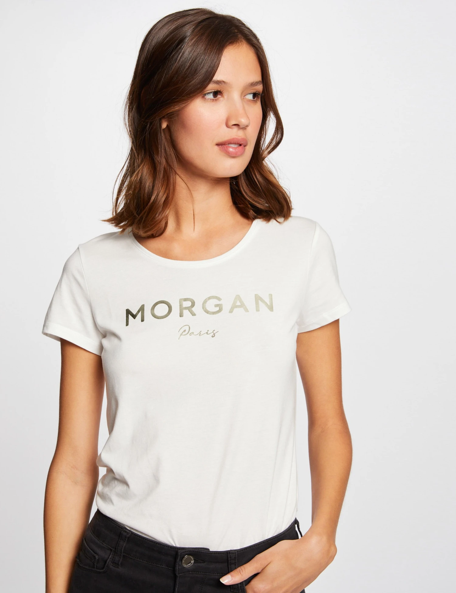 T-shirt Manches Courtes Ă Inscription Ecru Femme