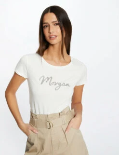 T-shirt Manches Courtes Ă Inscription Ecru Femme