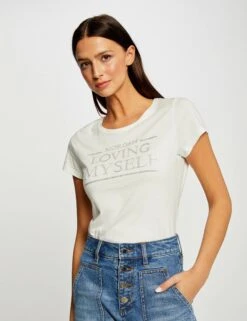 T-shirt Manches Courtes Ă Inscription Ecru Femme